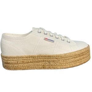 SUPERGA Canvas Espadrille Sneaker Sz 40 Preppy Crisp White Jute Platform Wedge